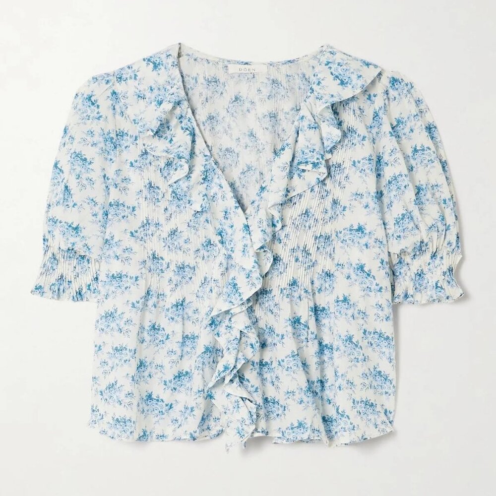 NWT Dôen Henri ruffled pintucked floral print top - Blue Rosier Floral - Picture 2 of 6